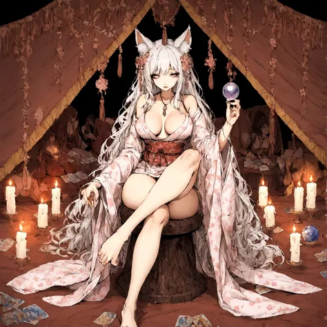 a sexy milf, has very long white hair, breasts, showing cleavage, has fox ears, wearing sakura kimono, in a gypsy tent, reading a crystal ball and surrounded by tarot cards, surrounded by candles, mystical, showing legs, sitting on cloth laden stool, has a...