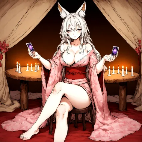 a sexy milf, has very long white hair, breasts, showing cleavage, has fox ears, wearing sakura kimono, in a gypsy tent, reading a crystal ball and surrounded by tarot cards, surrounded by candles, mystical, showing legs, sitting on cloth laden stool, has a...