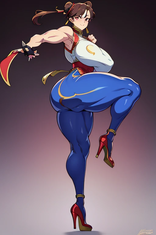 (masterpiece:1.0), (best_quality:1.0), ultra high res, 4K, ultra-detailed,
Chun Li, (huge  and huge:1.5), pawg ass, (high heels:1.5), red bandana, long legs, tight shorts, muscular thighs, toned calves, curvy hips, sexy, fighter, (confident:1.5), (smile:1....