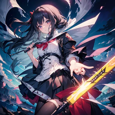 1girl、(((highest quality、Masterpiece、Super detailed、Official Art、The best dynamic composition)))、high school girl、Vampire Hunter、Reaper&#39;s Scythe、Blood splatter、Milky white and red gradient hair color、Short Hair、Odd Eye、Red and blue eyes、Dynamic composi...