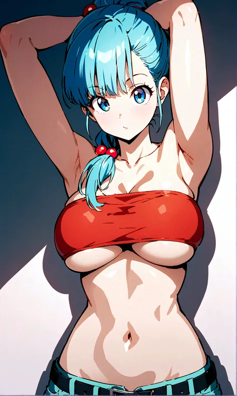  score_9, score_8_up, score_7_up, BREAK from front, ,macro shot,1girl,bulma, blue eyes, blue hair,bare shoulders, belt, cleavage, hair bobbles, hair ornament, hair over shoulder, (big breast),midriff, navel, one side up, red tube top, shorts, side ponytail...