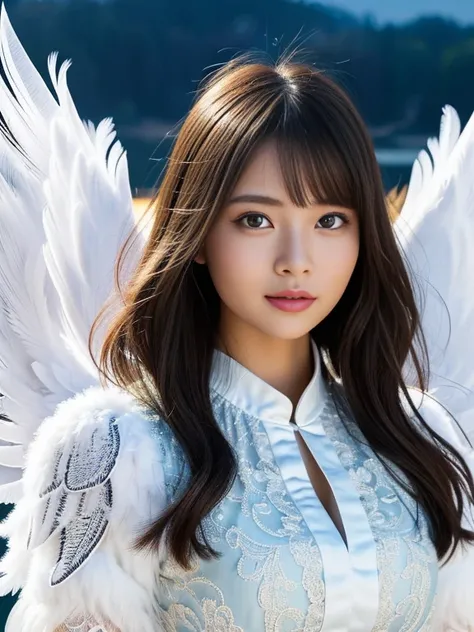 (A Ultra cute young Japanese Angel:1.75), (She has real Angel wings:1.75),(she wearing a decorated with feathers and lace holy angel costume slim fit:1.75),(She is an angel floating in the air on the lake:1.5),(beautiful detailed eyes:2.0),beautiful detail...