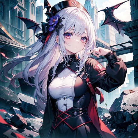 1girl、(((highest quality、Masterpiece、Super detailed、Official Art、The best dynamic composition)))、high school girl、Vampire Hunter、Reaper&#39;s Scythe、Blood splatter、Milky white and red gradient hair color、Short Hair、Odd Eye、Red and blue eyes、Dynamic composi...