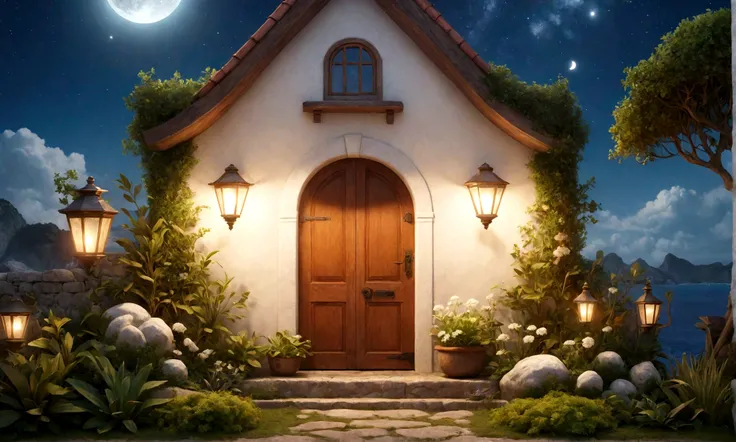 Close-up of a door with white walls on either side、Rounded retro fantasy seaside house front door、Herb garden in front of the wall、Warm light is coming from the windows of the house、Old-fashioned lanterns create a warm atmosphere.、The house is surrounded b...