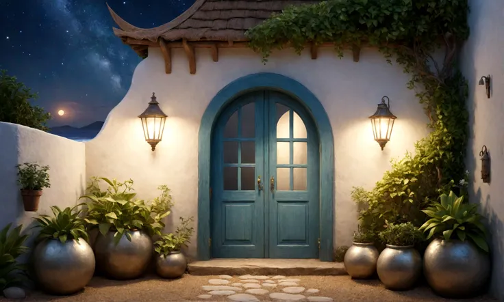 Close-up of a door with white walls on either side、Rounded retro fantasy seaside house front door、Herb garden in front of the wall、Warm light is coming from the windows of the house、Old-fashioned lanterns create a warm atmosphere.、The house is surrounded b...