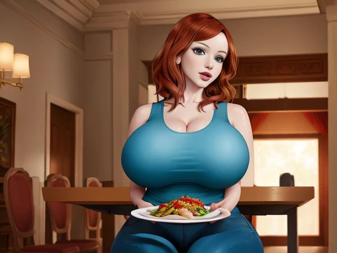 Christina Hendricks, masterpiece quality, sitting at dinner table, her breasts lay on table, in dining room, (wearing white tank top and blue pants), gigantic breasts, subsurface scattering 