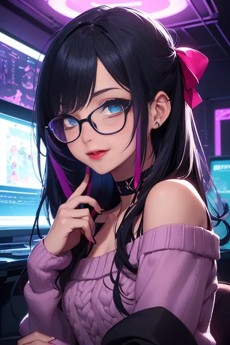 (Best quality, Ultra detailed, Masterpiece:1.2), perfect face, female, gamer girl, aqua eyes, beautiful detailed eyes, cherry-red lips, light smile, long black hair, purple streaked hair, purple highlights, bangs, ribbon, choker, nerdy glasses, sleeves pas...