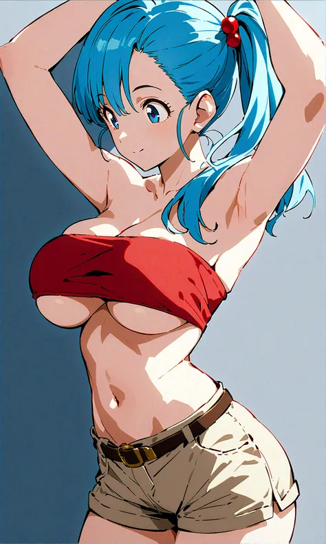  score_9, score_8_up, score_7_up, BREAK from front, ,macro shot,1girl,bulma, blue eyes, blue hair,bare shoulders, belt, cleavage, hair bobbles, hair ornament, hair over shoulder, (big breast),midriff, navel, one side up, red tube top, shorts, side ponytail...