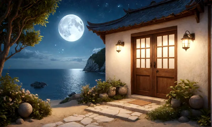 evening、Close-up of a door with white walls on either side、Rounded retro fantasy seaside house front door、Herb garden in front of the wall、Warm light is coming from the windows of the house、Old-fashioned lanterns create a warm atmosphere.、The house is surr...