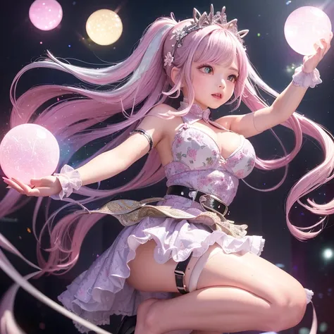 The upper part of the body、one girls、i have silver hair color、Two-tone、(Pink Highlight Hair、Curly hair，floral headband、very Bigger breasts、Sorcerer、whore、idol、garterbelts、off shoulders、Dancing、Jumping、Has a shining wand、Countless glowing spheres float、Glow...