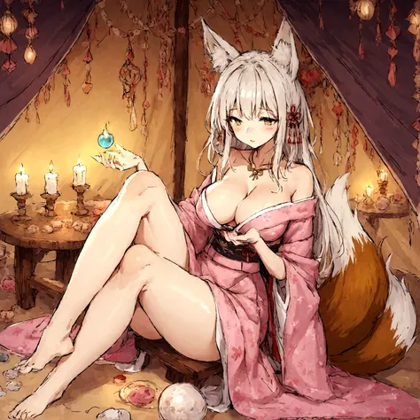 a sexy milf, has very long white hair, breasts, showing cleavage, has fox ears, wearing sakura kimono, in a gypsy tent, reading a crystal ball and surrounded by tarot cards, surrounded by candles, mystical, showing legs, sitting on cloth laden stool, has a...