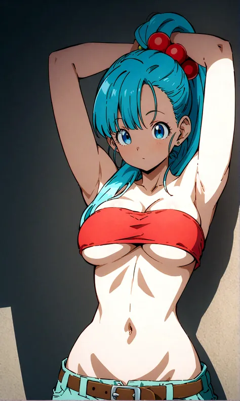  score_9, score_8_up, score_7_up, BREAK from front, ,macro shot,1girl,bulma, blue eyes, blue hair,bare shoulders, belt, cleavage, hair bobbles, hair ornament, hair over shoulder, (big breast),midriff, navel, one side up, red tube top, shorts, side ponytail...