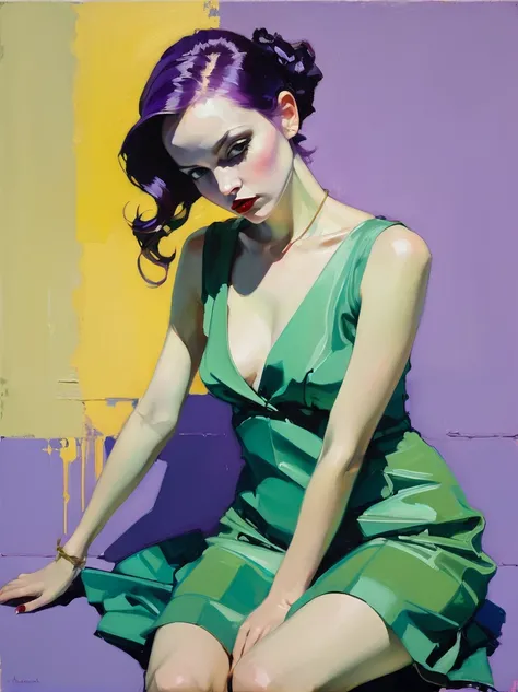 painting of a woman in green dress sitting on a yellow and purple surface, michael carson, malcolm liepke, liepke, lita cabellut, glen orbik, glenn barr, by Michael Sittow, figurative painting, malcom liepke, brett amory, inspired by Moses Soyer, by Robert...