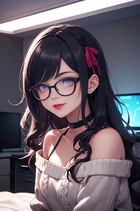 (Best quality, Ultra detailed, Masterpiece:1.2), 1girl, perfect face, female, gamer girl, aqua eyes, cherry-red lips, light smile, long black hair, wavy hair, purple streaked hair, purple highlights, bangs, ribbon, choker, nerdy glasses with black lens fra...