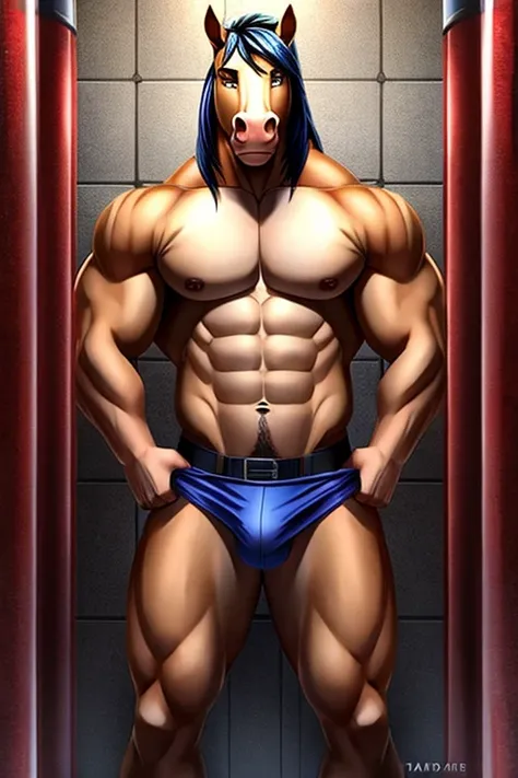 Masculine anthro male half naked horse in cell room background