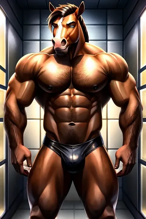 Masculine anthro male half naked horse in cell room background