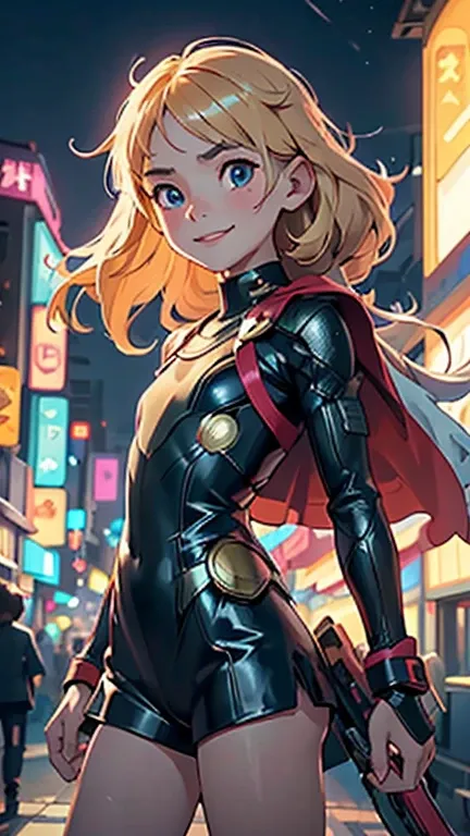 (8k),(masterpiece),(Japanese),(8-year-old girl),((innocent look)),((Petit)),From the front,smile,cute,Innocent,Kind eyes,flat chest, Slender, Thor costume,semi-long,Hair blowing in the wind,Blonde Hair,strong wind,midnight,dark,neon light futuristic city