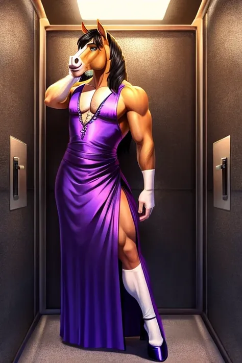 Masculine drag queen anthro male horse wearing dress in cell room background