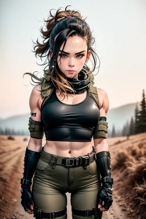 1girl, akirams, tank top, camouflage, gloves, clothes around waist, pants, helmet, knee pads, bare shoulders, spikes, biker clothes, from below crossed arms looking down at viewer, leaning on bike, motorbike, motorcycle, foreshortening 