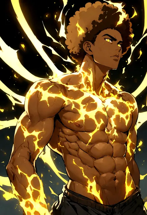 afro-latino teenage man, Brown afro Hair, glowing yellow eyes, male, defined abs, awesome, hot, abs, hot,
