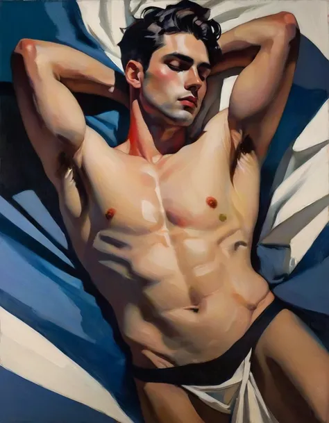 chiaroscuro technique on sensual illustration of an arafed man resting in white blanket, sexy masculine, model with attractive body, inspired by Ludovit Fulla, mid-shot of a hunky, the model draped in flowing, thick oil painting by Harumi Hironaka, extreme...