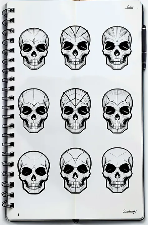 sketches of cartoon characters drawn in a notebook with a pencil, studies, alien skulls, face doodles, concept sheet, sketches, doodles, vey detailed faces, many heads, cosmic horror concept art, heads, character design sheet, skull faces, dissection sketc...