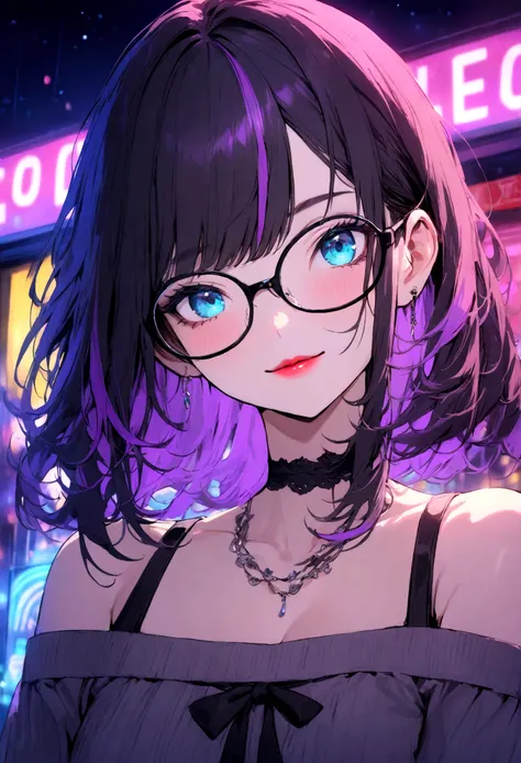 (Best quality, Ultra detailed, Masterpiece:1.2), 1girl, perfect face, female, gamer girl, aqua eyes, cherry-red lips, light smile, long black hair, purple streaked hair, purple highlights, bangs, ribbon, choker, nerdy glasses, white off-shoulder sweater, n...