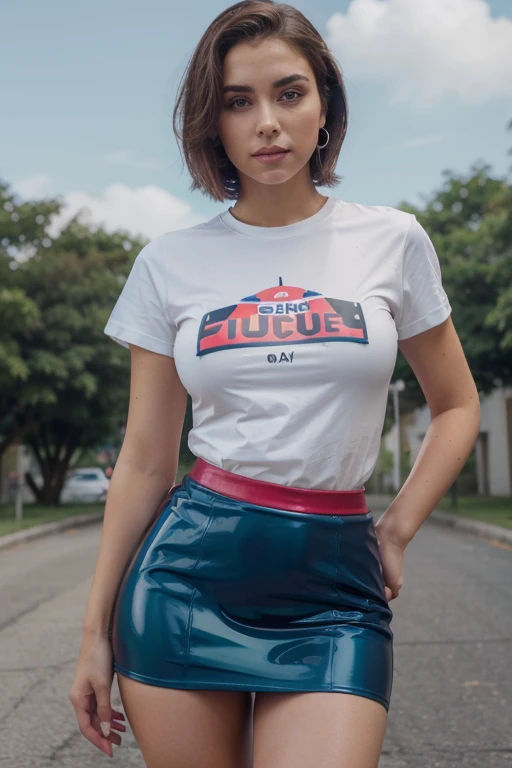 Photo of a 20 year old brunette woman. face facing the camera. ((The body is visible all the way up to the thighs)). (front look.  Stand straight facing the camera), head straight.  looking at the camera. (full visible up to your thighs). que tiene una car...