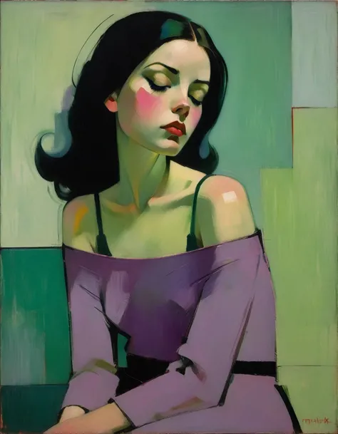 Create a portrait of a young woman in a semi-reclining pose with a pensive expression. Use a painterly style inspired by Malcolm Liepke, characterized by expressive brushstrokes and rich texture. Employ a color palette of muted greens, soft pinks, deep pur...