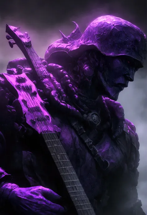 a chaos noise marine, purple primary color scheme, playing a chaos styled guitar, powerful speakers on his back blasting deadly noise, hi gothic future city, detailed character portrait, highly detailed, 8k, photorealistic, digital painting, concept art, h...