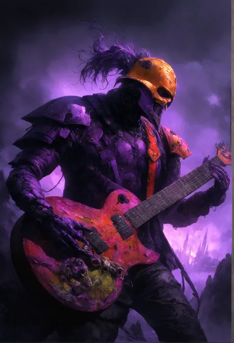 a chaos noise marine, purple primary color scheme, playing a chaos styled guitar, powerful speakers on his back blasting deadly noise, hi gothic future city, detailed character portrait, highly detailed, 8k, photorealistic, digital painting, concept art, h...