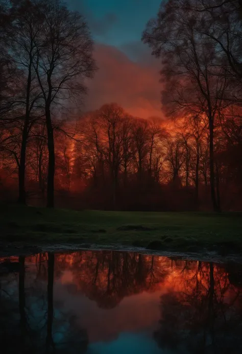 RAW photo, Light blue trees, dark red sky, dark, gloomy, orange lights, landscape, puddles, high resolution, reflections, complex lighting, 8k layers, colourful, soft lighting, high quality, film grain, Fujifilm XT