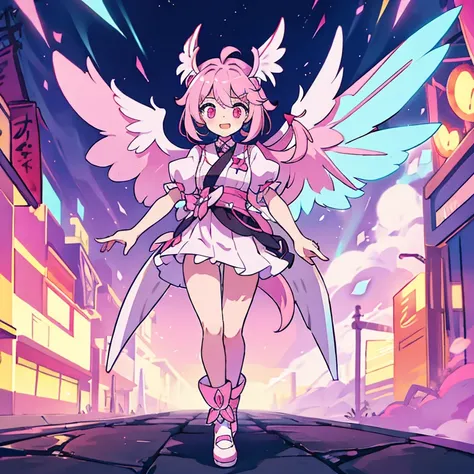 Cute sucubu girl with demon wings and tail, pink-white haur, peacefully in the street full body