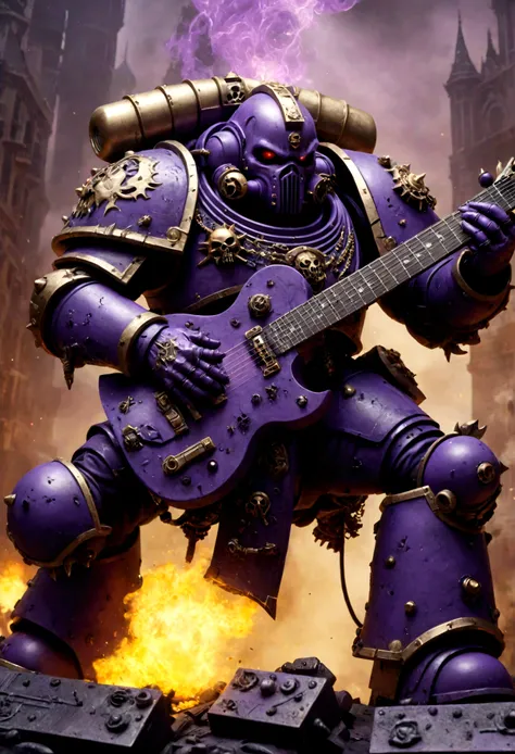 warhammer 40k, a chaos noise marine (purple primary color scheme), is playing a chaos styled guitar, powerful speakers on his back blast deadly noise, hi gothic future city