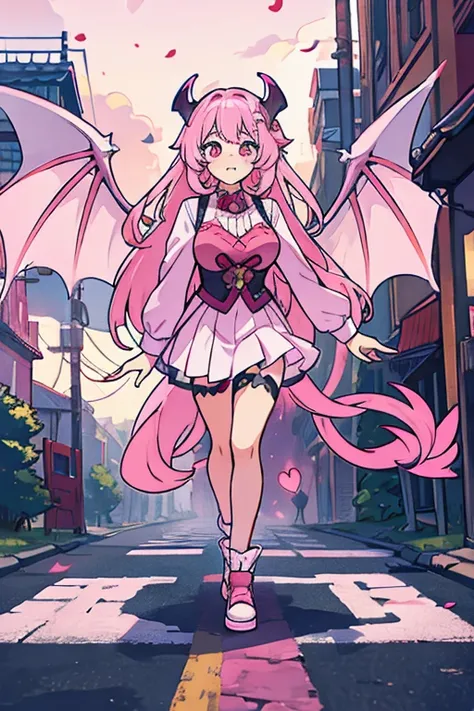 Hot sucubu girl with demon wings and tail, pink-white haur, peacefully in the street full body