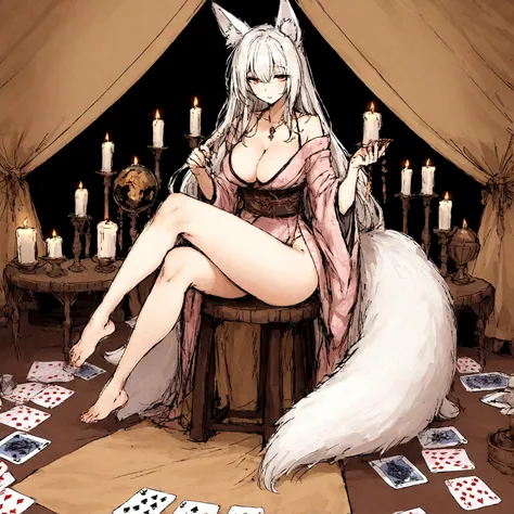 a sexy milf, has very long white hair, breasts, showing cleavage, has fox ears, wearing sakura kimono, in a gypsy tent, reading a crystal ball and surrounded by tarot cards, surrounded by candles, mystical, showing legs, sitting on cloth laden stool, has a...