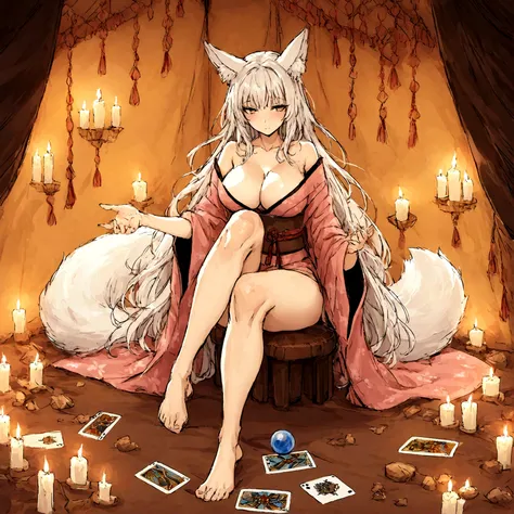 a sexy milf, has very long white hair, breasts, showing cleavage, has fox ears, wearing sakura kimono, in a gypsy tent, reading a crystal ball and surrounded by tarot cards, surrounded by candles, mystical, showing legs, sitting on cloth laden stool, has a...