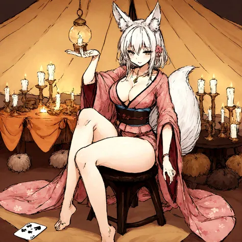 a sexy milf, has very long white hair, breasts, showing cleavage, has fox ears, wearing sakura kimono, in a gypsy tent, reading a crystal ball and surrounded by tarot cards, surrounded by candles, mystical, showing legs, sitting on cloth laden stool, has a...