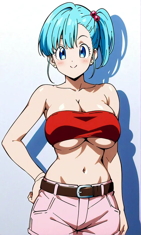  score_9, score_8_up, score_7_up, BREAK from side,upperbody,1girl,bulma, blue eyes, blue hair,bare shoulders, belt, cleavage, hair bobbles, hair ornament, hair over shoulder, (big breast),midriff, navel, one side up, red tube top, shorts, side ponytail, (s...