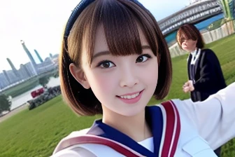 A smartphone on the end of a selfie stick、Two high school girls taking a selfie、Bob Hair、Brown Hair、Big Breasts、Girls 、Serafuku、Sailor suit、His eyes are looking at his smartphone