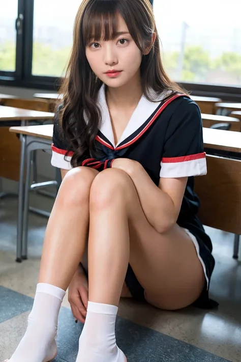 An empty classroom、Gal, (Anatomically correct,),masterpiece, highest quality, RAW Photos, Realistic, face, Beautiful girls, cute, Blunt bangs, Written boundary depth, High resolution, Super detailed, detailed, ighly detailedd, extremely detailedd eye and f...