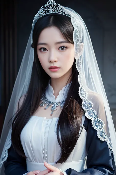 sakimichan style, wlop style, portrait, finely detailed face, beautiful woman, plump lips, opaque veil, medieval veil, headrail, 12th century, heterochromia eyes, iridescent eyes, medieval clothing, bliaut, lord of the rings gown, close to perfection, beau...