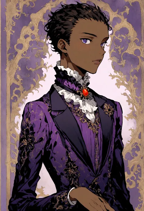 Dark skin African American man, skinny, twink, cutie, wearing Victorian style with a touch of African fractal art purple suit, painting