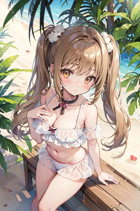 Anime, teenage girl, big breasts, Long hair light brown color, light brown eyes, blushing, smooth white skin, Looks very cute, Gentle and neat personality, Shy, Agasshi., Small and short, Pigtails-hair style, Sweet smile, Wearing Cute Bikini, Summer on the...