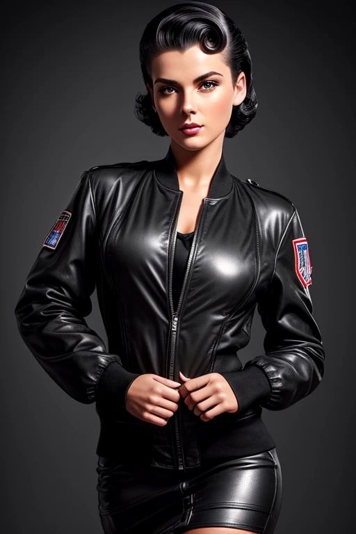 Gorgeous european woman with very short hair, short 50s pinup hair, wet hair, hair slicked back, combed straight back, slick hair, streaked black hair, seductive, 50s bomber girl fighter pilot, cleavage, solid dark grey background