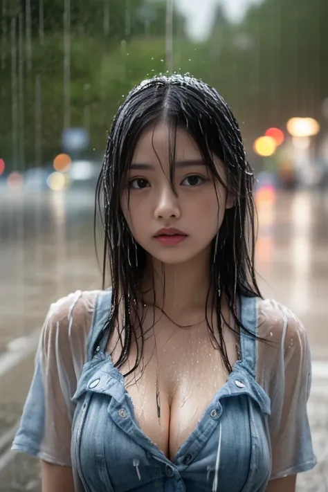 ((Rain-soaked hair))、((Rain-soaked skin))、(She looks boobs)、 ((masterpiece))、(highest quality) )、(High resolution)、Very detailed RAW カラー写真、Very detailed、Realistic、Realistic、Unbelievably absurd、Very detailed、Sharp focus、Slim waist, 1 girl, 超かわいい15 years old...