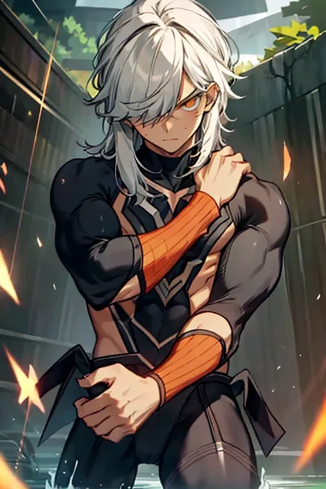 fight　masterpiece　juvenile　male　kneel　thin body　embarrassing　gray hair　orange eyes　破れたtights　shoulder-length hair　electricity is...