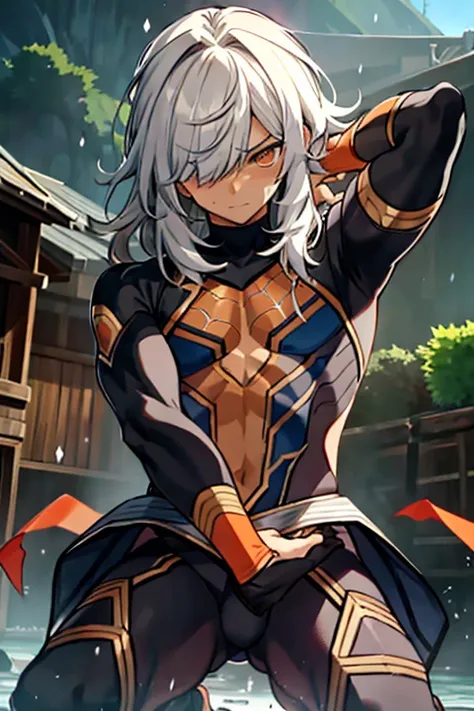 fight　masterpiece　juvenile　male　kneel　thin body　embarrassing　gray hair　orange eyes　破れたtights　shoulder-length hair　electricity is...