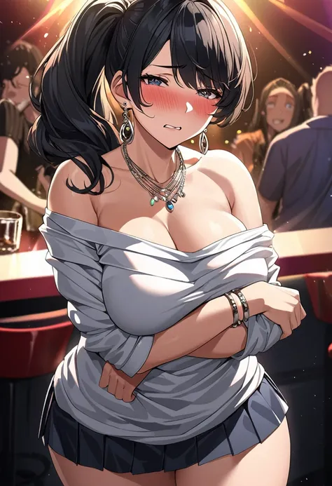 ultra detailed anime,hyperrealistic anime style,beautiful mature woman,pleated short skirt,undressing off-the -shoulder shirt,undressing,,(blushed and drunken:1.2),teary,black hair,side ponytail,earring,necklace,bracelet,curvy,at nightclub,dark light,look ...