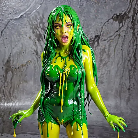 Slime, (monster girl), green slime with darker green, dripping with yellow ooze, clothed, masterpiece, best quality